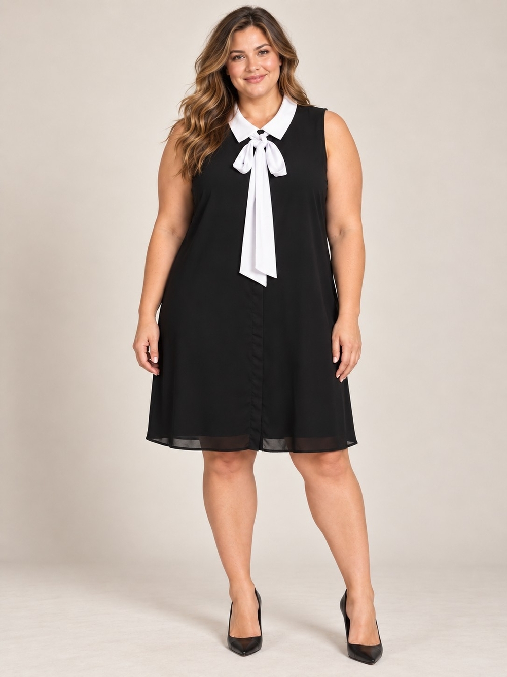 New York & Company Black Sleeveless A-Line Dress with White Bow Collar